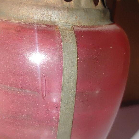 Antique Ice Skating Handheld Red Glass Metal Lantern Lamp Rustic Patina Small - Picture 9 of 13